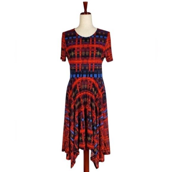 Ice by Chico’s Red Blue Abstract Pattern Handkerchief Hem Dress 22/24W NWT - Picture 1 of 11